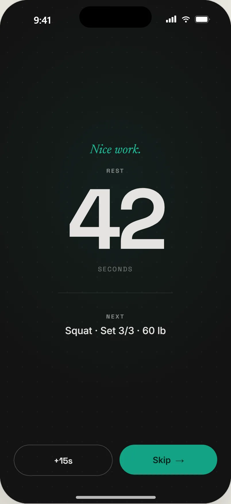 Rest: 42 seconds, then squat set 3 of 3 at 60 lb; add 15 seconds or Skip