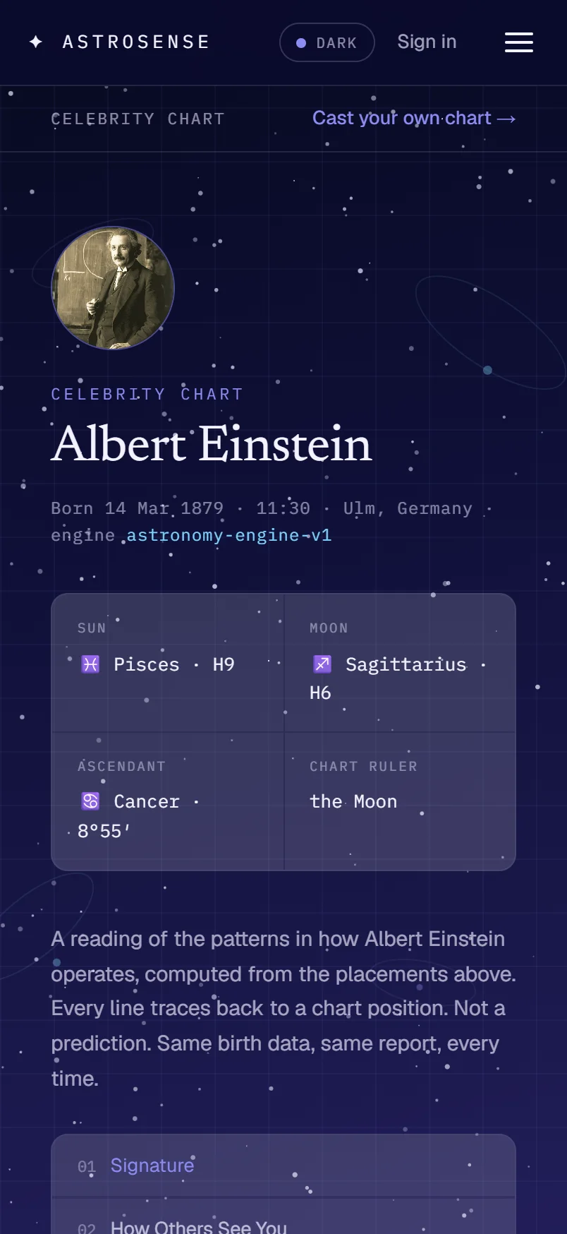 Albert Einstein's celebrity chart: born 14 Mar 1879 at 11:30 in Ulm, Germany, engine astronomy-engine-v1, Sun in Pisces, Moon in Sagittarius, Ascendant Cancer, chart ruler the Moon