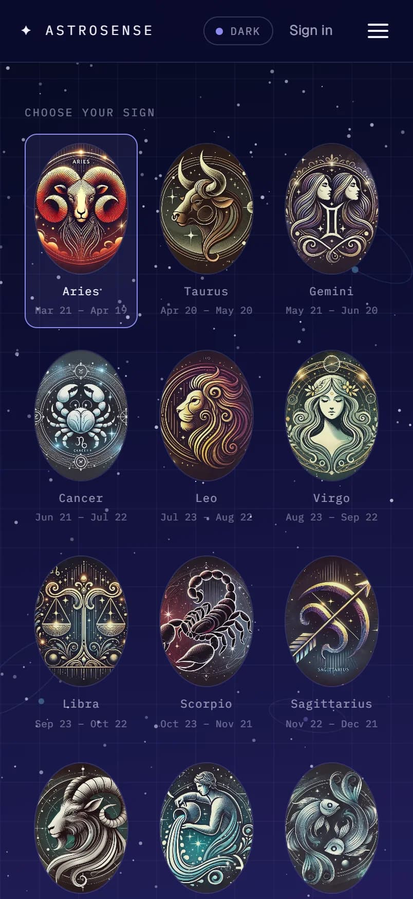 Aries horoscope today: choose your sign, the twelve illustrated sign tiles with their dates