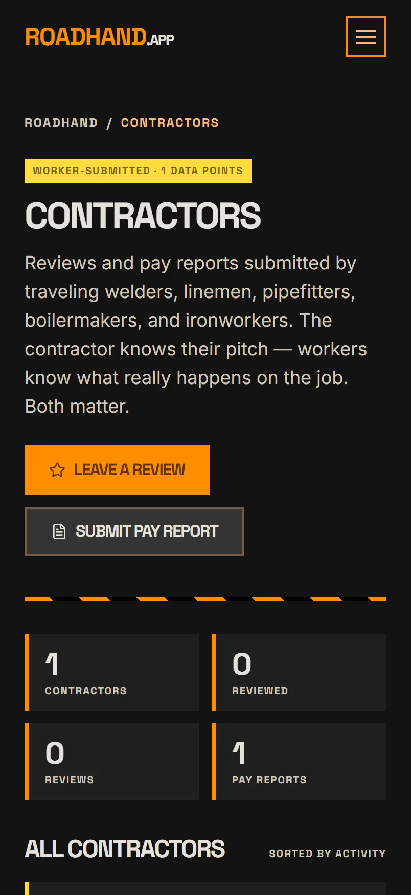 Contractors: reviews and pay reports submitted by traveling workers, with Leave a review and Submit pay report