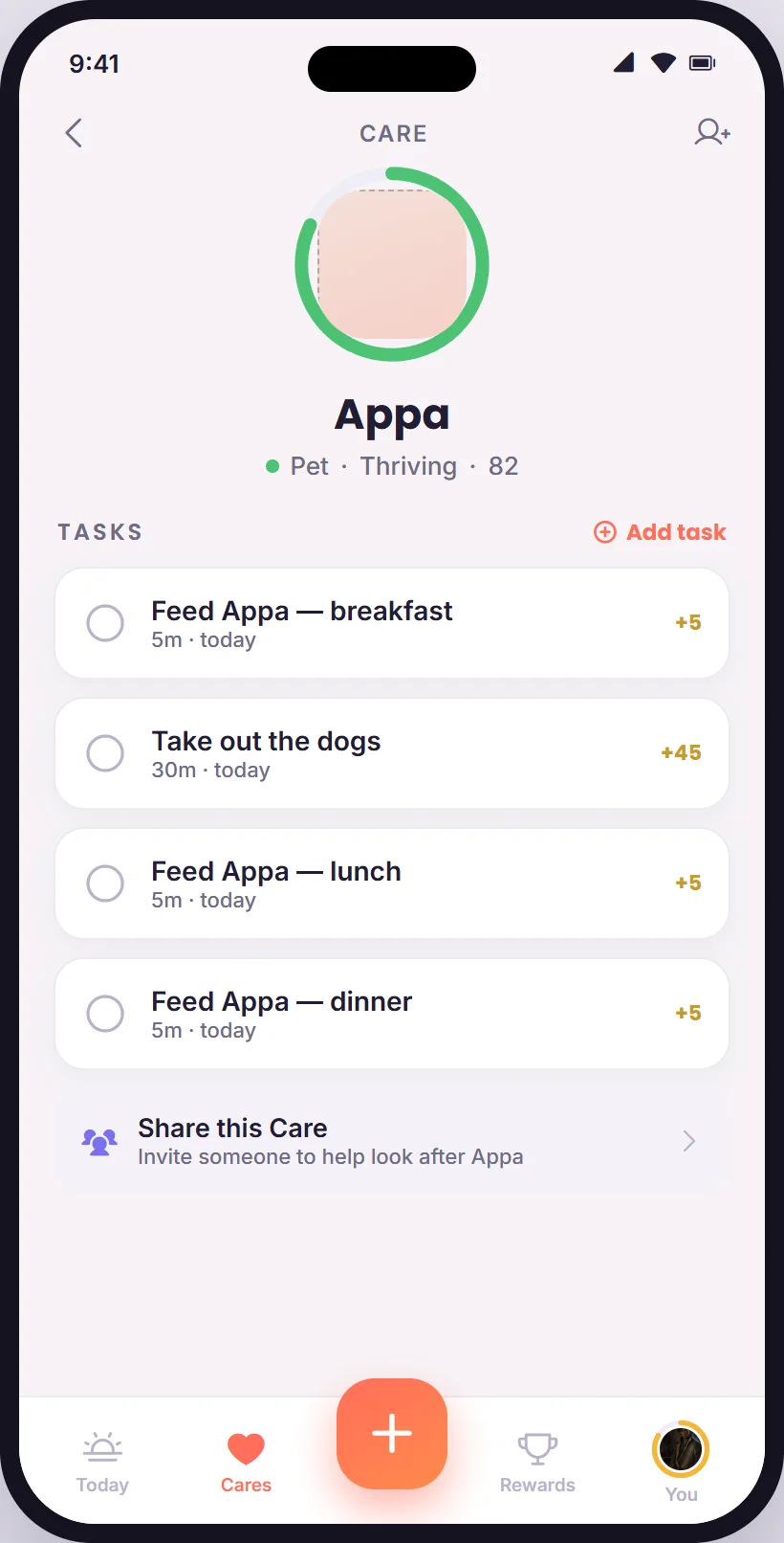 Care detail for Appa: pet, thriving at 82, the tasks that keep him that way, and Share this Care