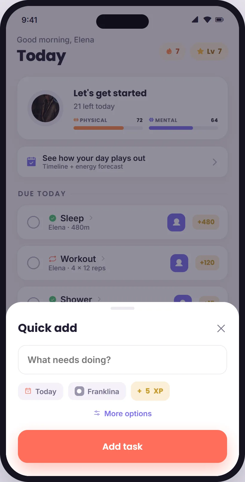 Quick add sheet: what needs doing, with defaults for today, the Care, and 5 XP, and an Add task button
