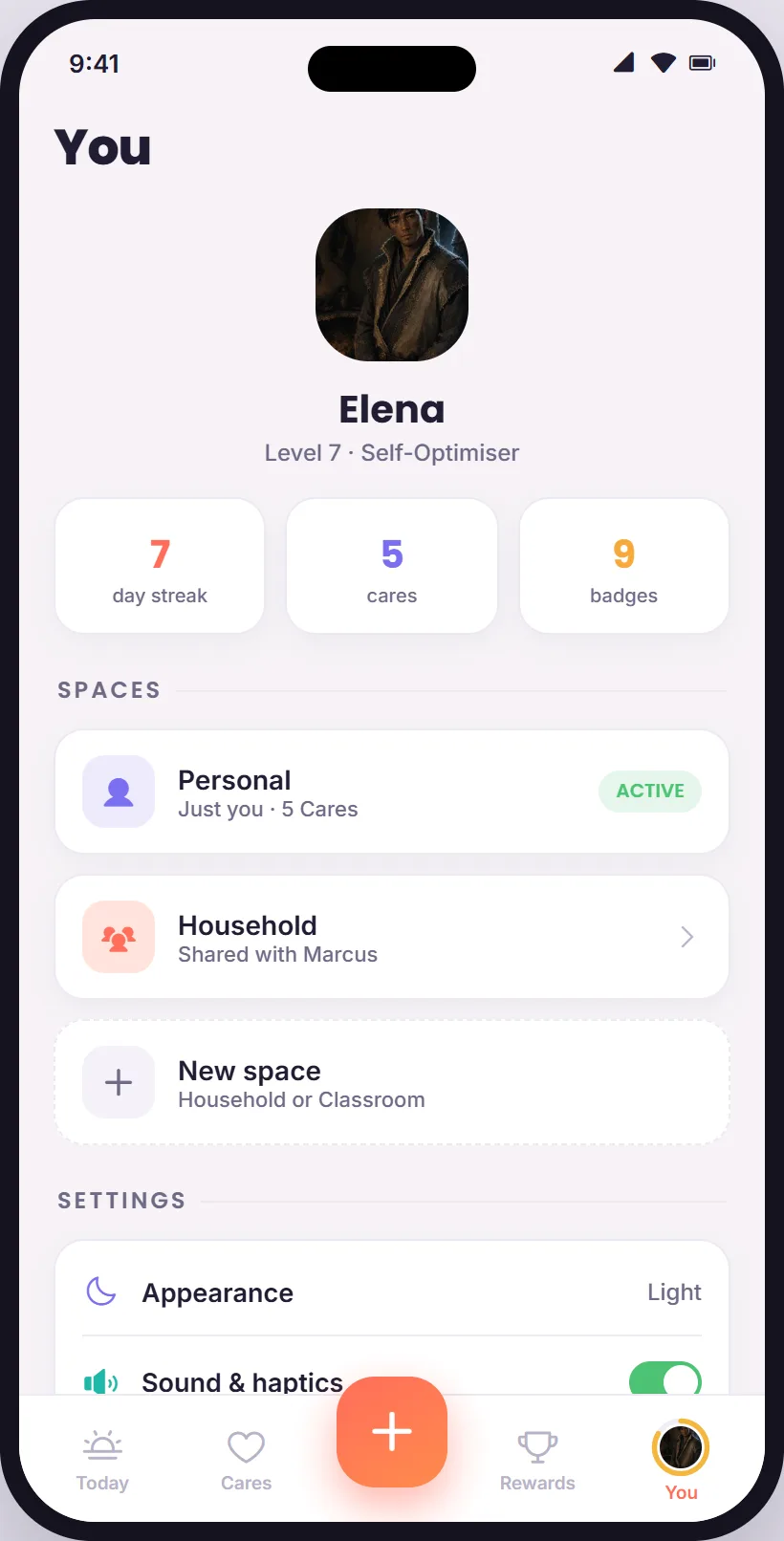 You: Elena, level 7 self-optimiser, a 7-day streak, 5 cares, 9 badges, spaces for Personal and a Household shared with Marcus, and settings