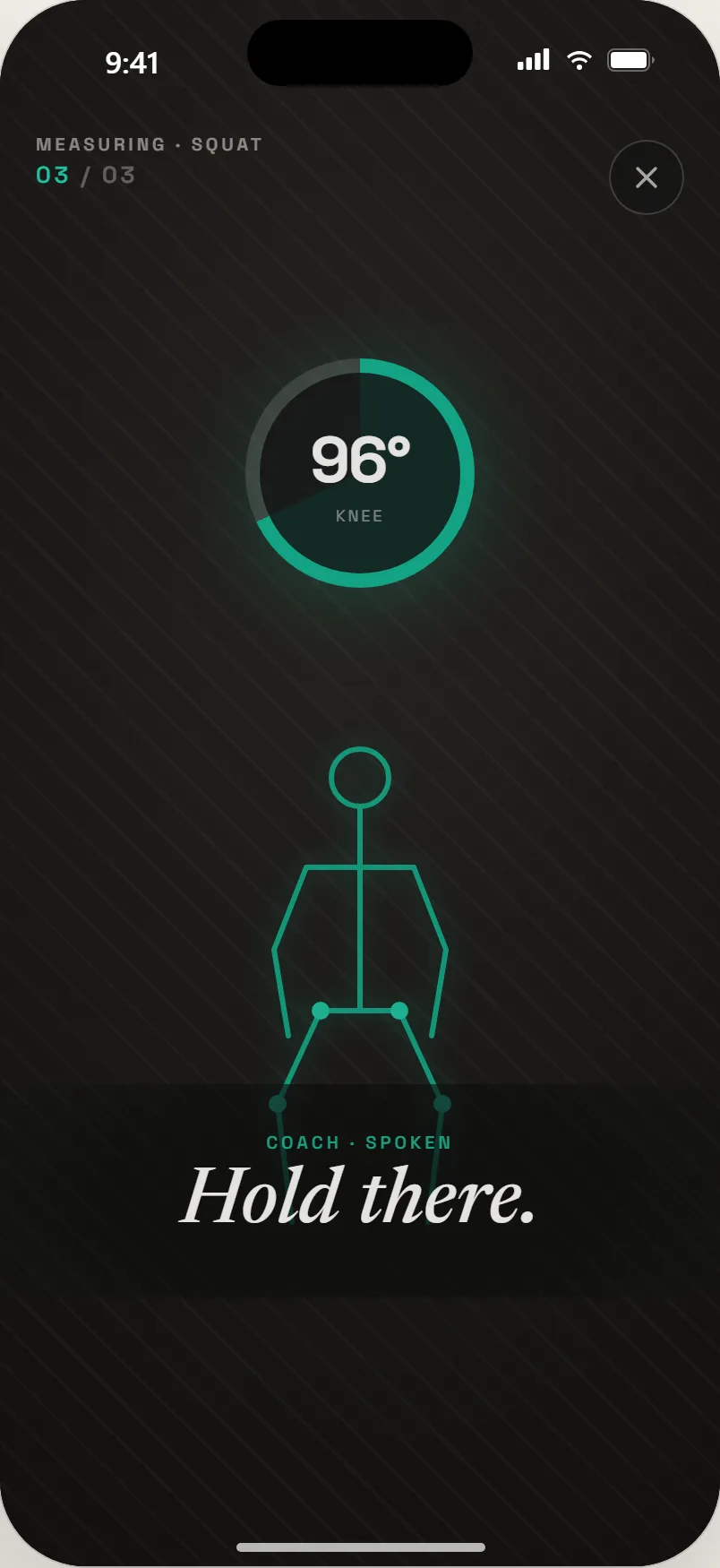 Calibration: measuring a squat, hold there, ring at 96 degrees knee