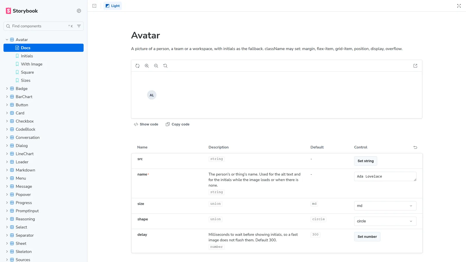 The Zengin UI Storybook: thirty-three components in the sidebar, from Avatar and Badge through the AI kit (Conversation, Message, PromptInput, Reasoning, ToolCall) to Toast and Tooltip