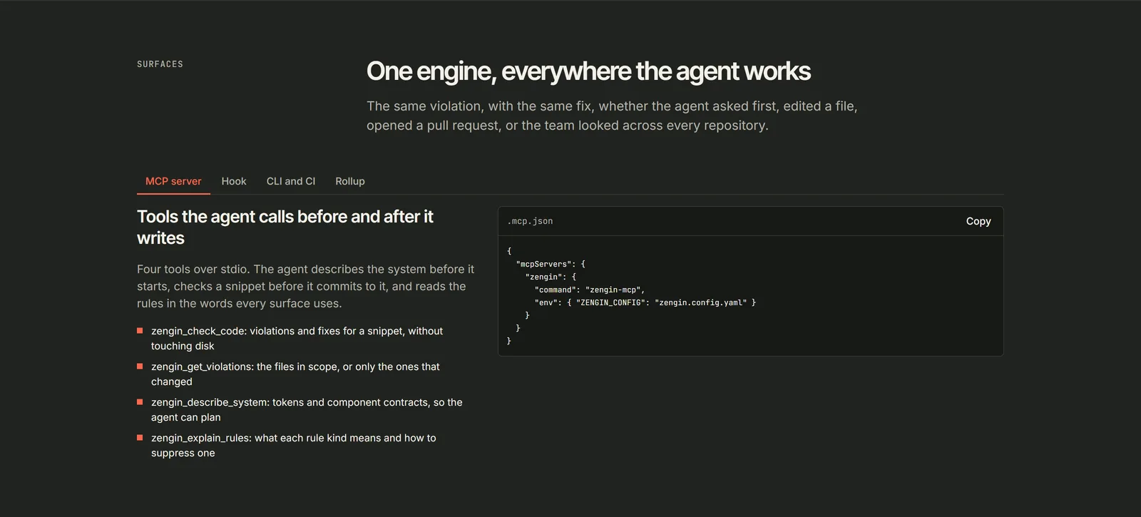 The surfaces section on the Zengin site: the MCP server tab, the four tools, and the .mcp.json to install it
