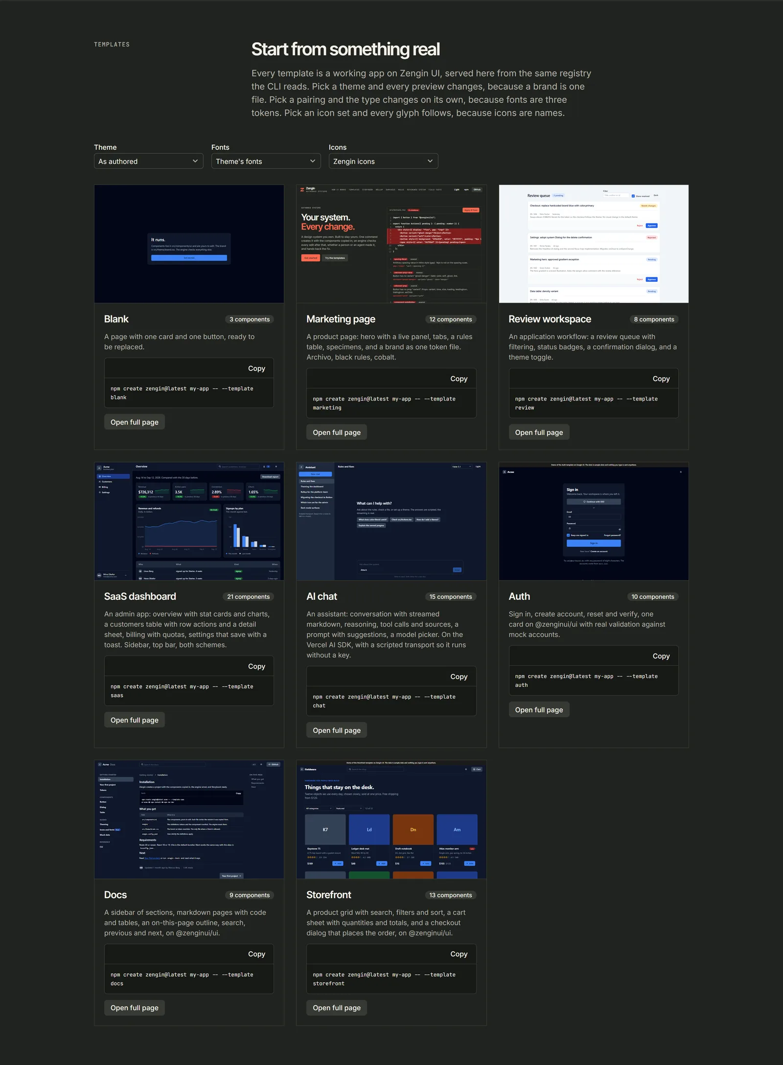 The templates section on the Zengin site: eight templates as live previews, each with its component count and the command that creates it