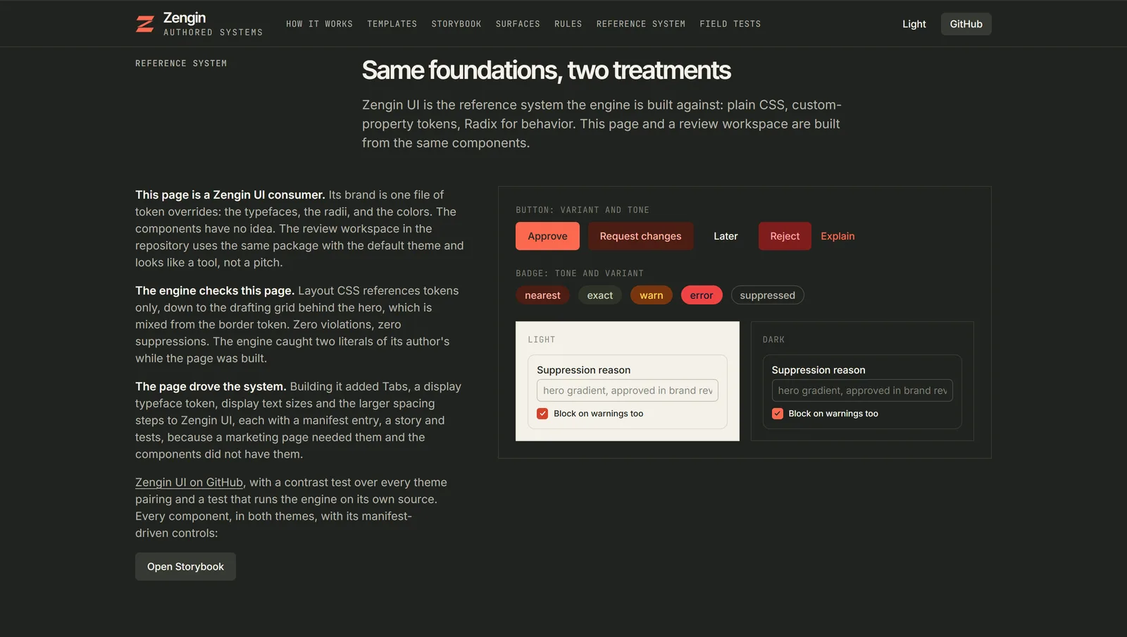 Two reference experiences from the same foundations: a marketing page and an application workflow with distinct visual treatments